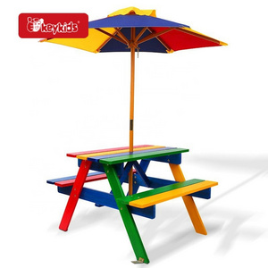 Outdoor Children Wooden Picnic Table Bench Set With Removable Umbrella W01D309