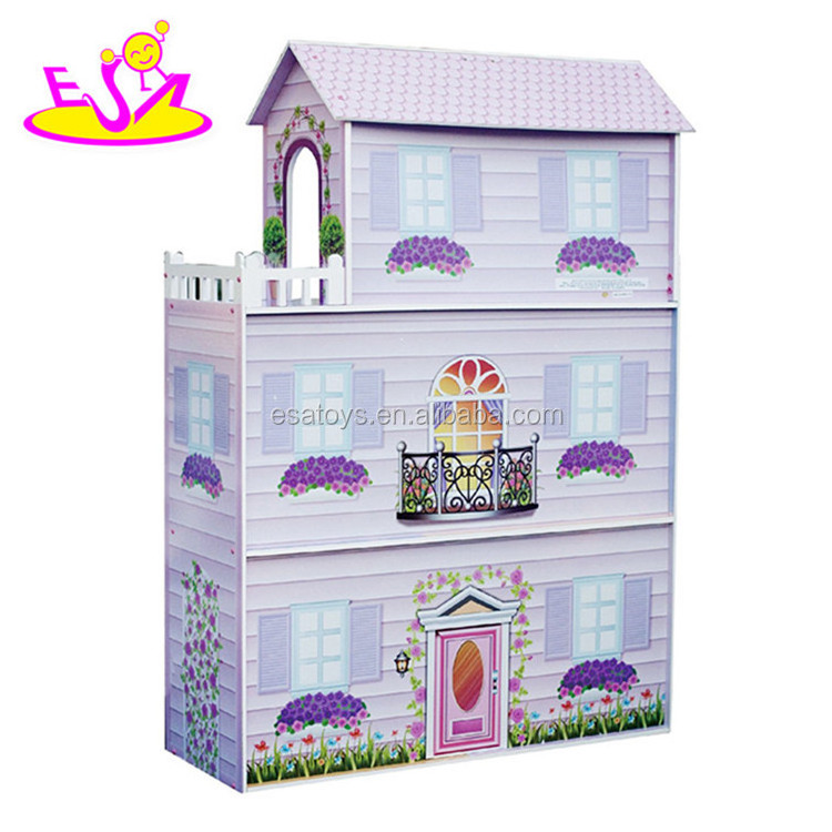 New style 3 floor girls pretend play wooden dollhouse cottage W06A224