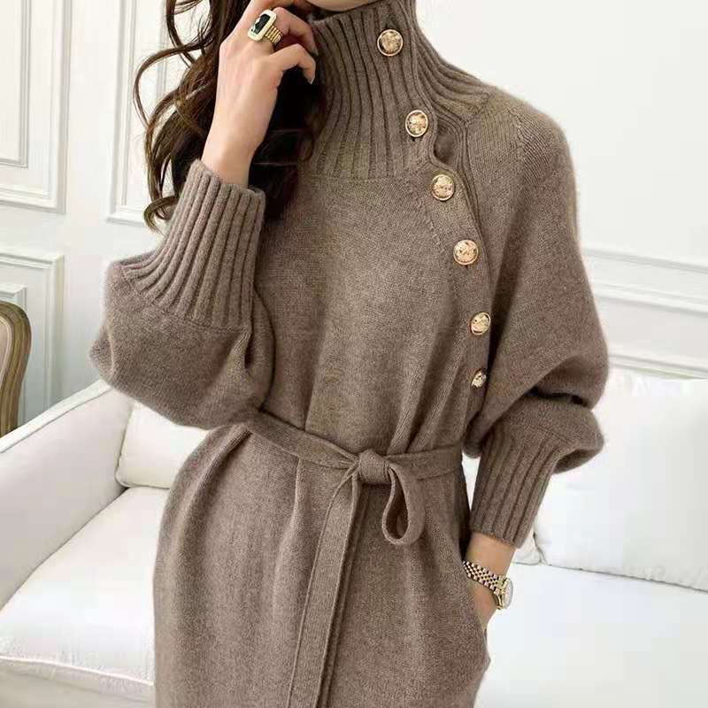 Factory wholesale fashion ladies Winter button Slim Turtleneck Sweater Two Wear Lace up Waist Knit Dress women