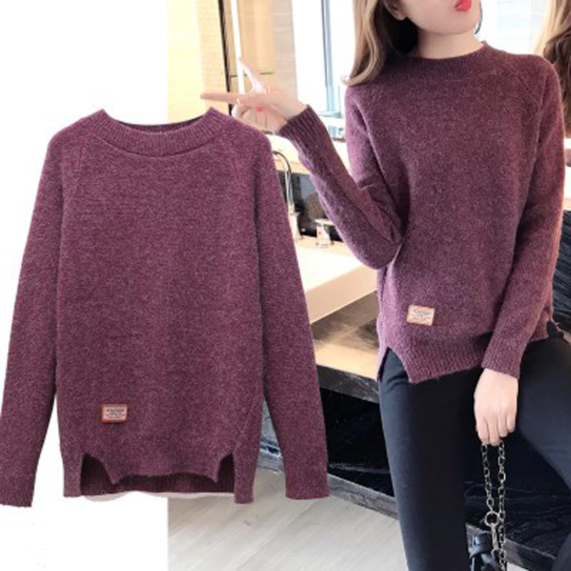 custom logo readymade girl Long sleeve round neck plain sweater jumper women loose plus size bottoming sweater tops