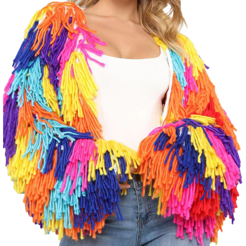 Christmas party fringed cardigan knitted Sweater factory wholesale custom women rainbow handmade crochet plush tassel cardigan