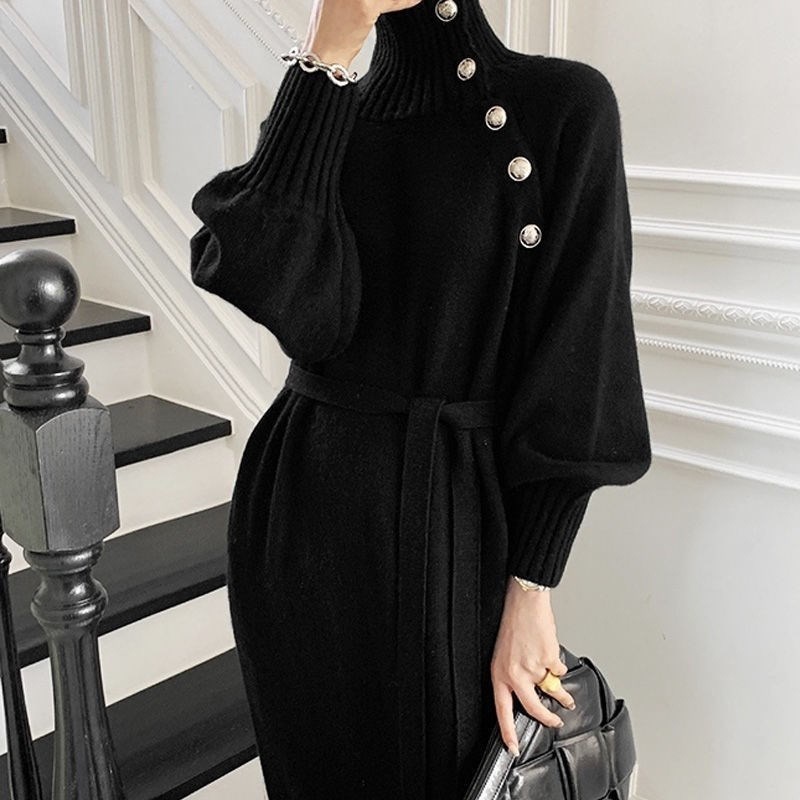 Factory wholesale fashion ladies Winter button Slim Turtleneck Sweater Two Wear Lace up Waist Knit Dress women