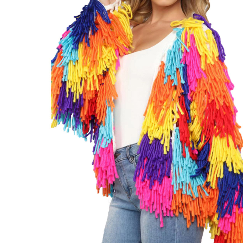 Christmas party fringed cardigan knitted Sweater factory wholesale custom women rainbow handmade crochet plush tassel cardigan