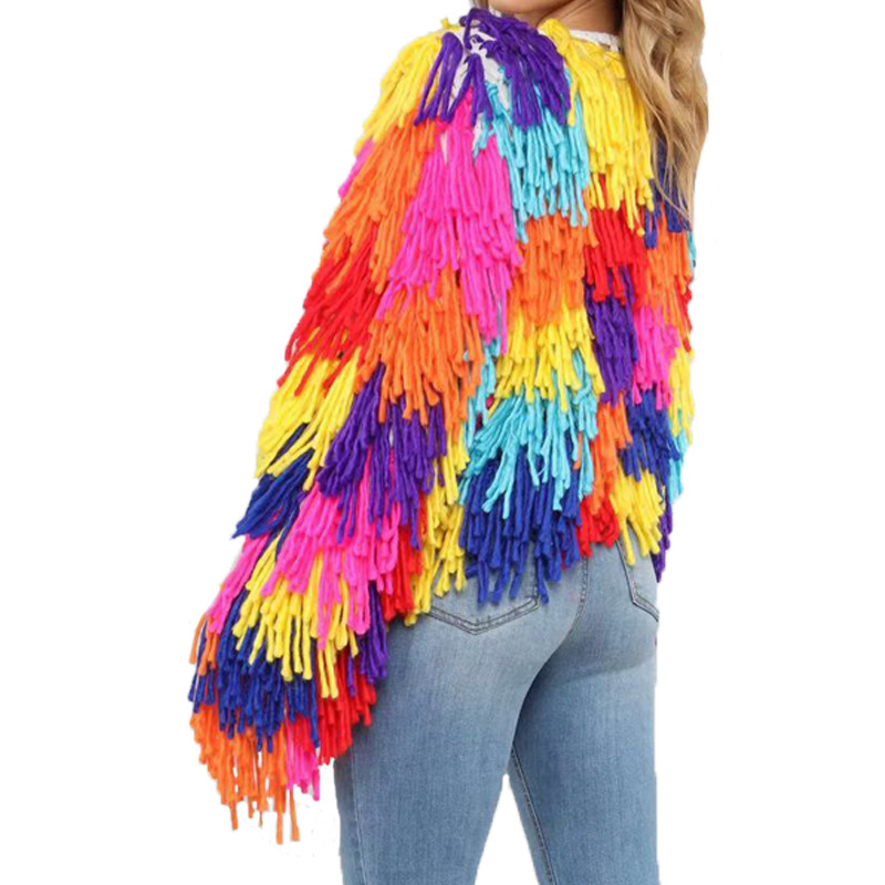 Christmas party fringed cardigan knitted Sweater factory wholesale custom women rainbow handmade crochet plush tassel cardigan