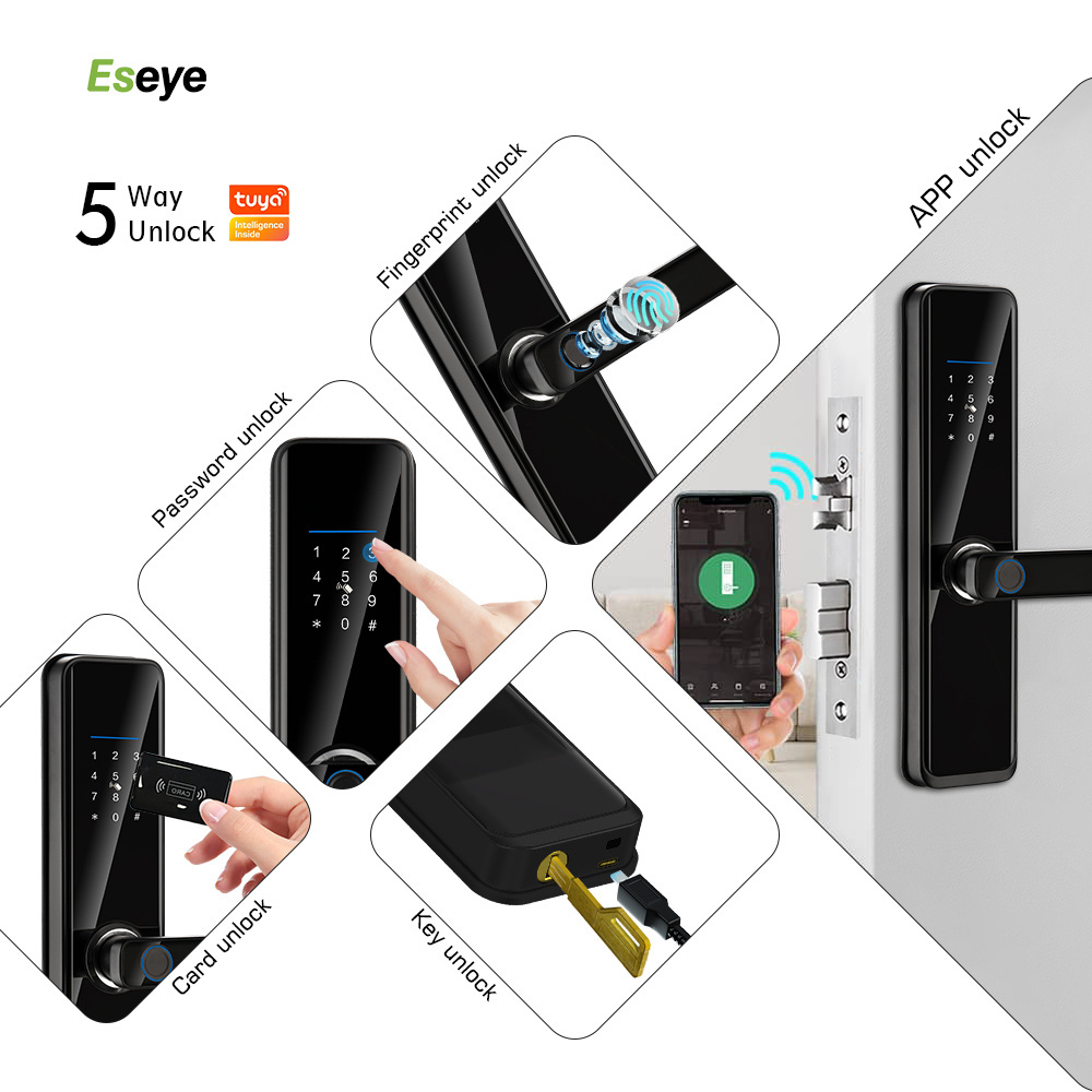 Eseye Tuya TTlock App Smart External Door Lock Fingerprint Key Card Security WiFi Enabled Electronic Password Lock for Home