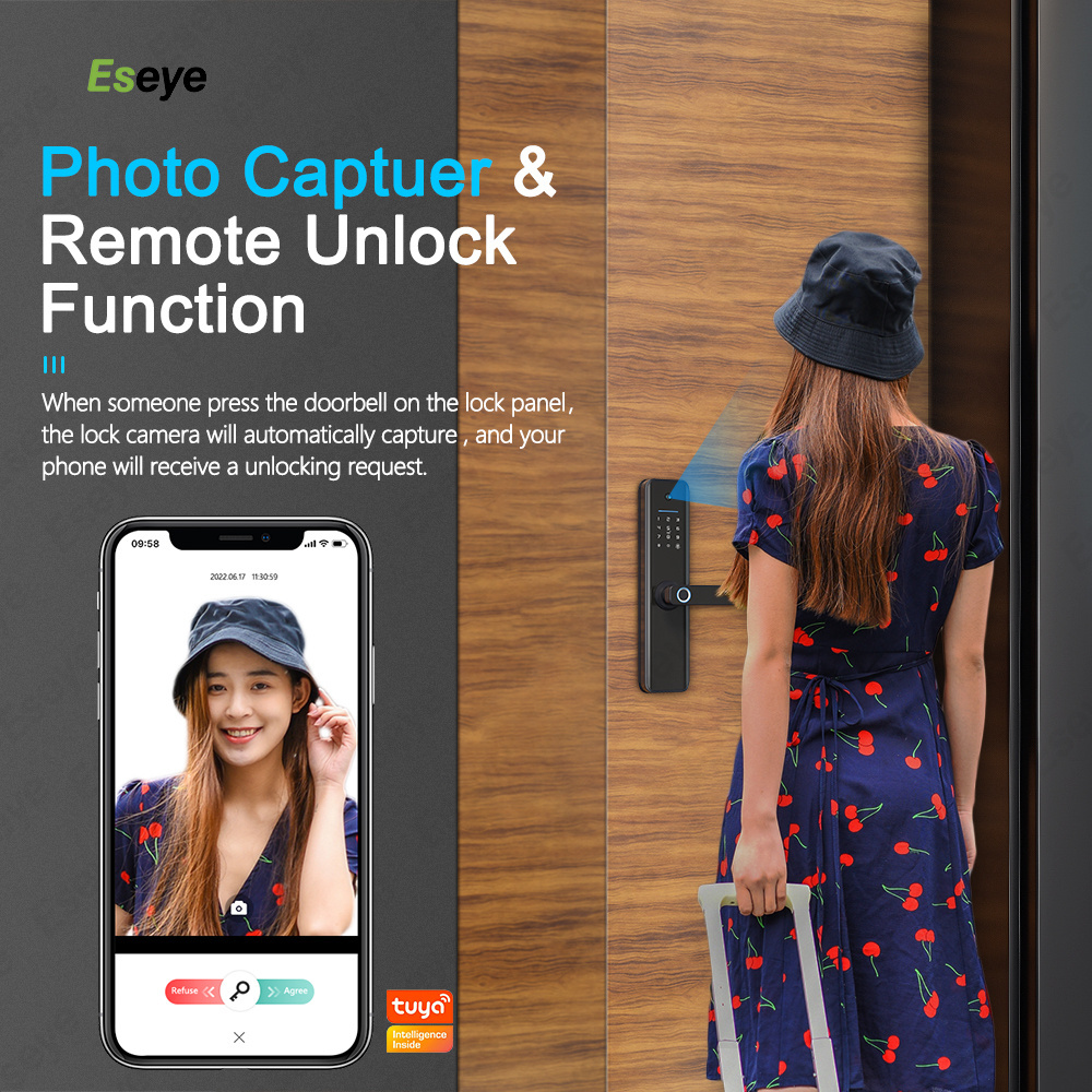 Eseye OEM Smart Home Voice Graffiti Wifi Digital Fingerprint Cerradura Inteligente Smart Camera Door Lock