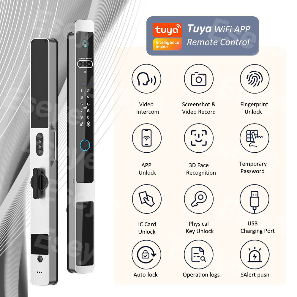 Eseye Smart Wood Door Lock with WiFi Featuring Fingerprint RFID Card Password Aluminum Sliding Door Doorbell and Tuya App