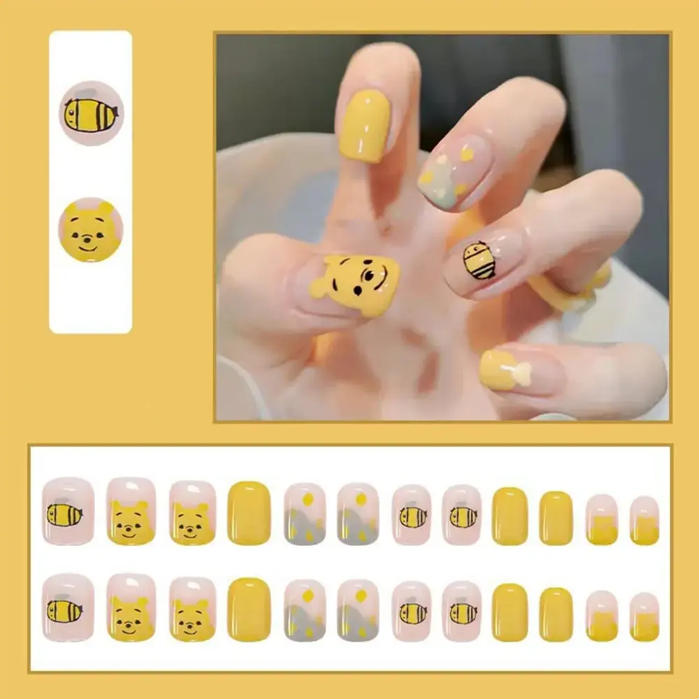 24pcs/set Press On False Nail Cartoon Bear Short Wearable Fake Nails with Jelly Glue Stick-on Full Cover Nail Art Tool