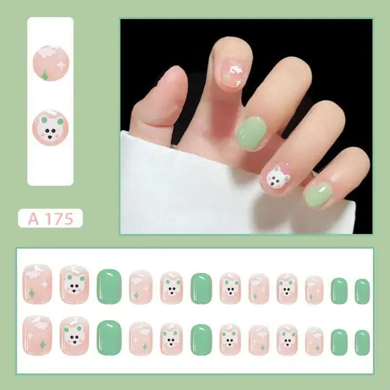 24pcs/set Press On False Nail Cartoon Bear Short Wearable Fake Nails with Jelly Glue Stick-on Full Cover Nail Art Tool