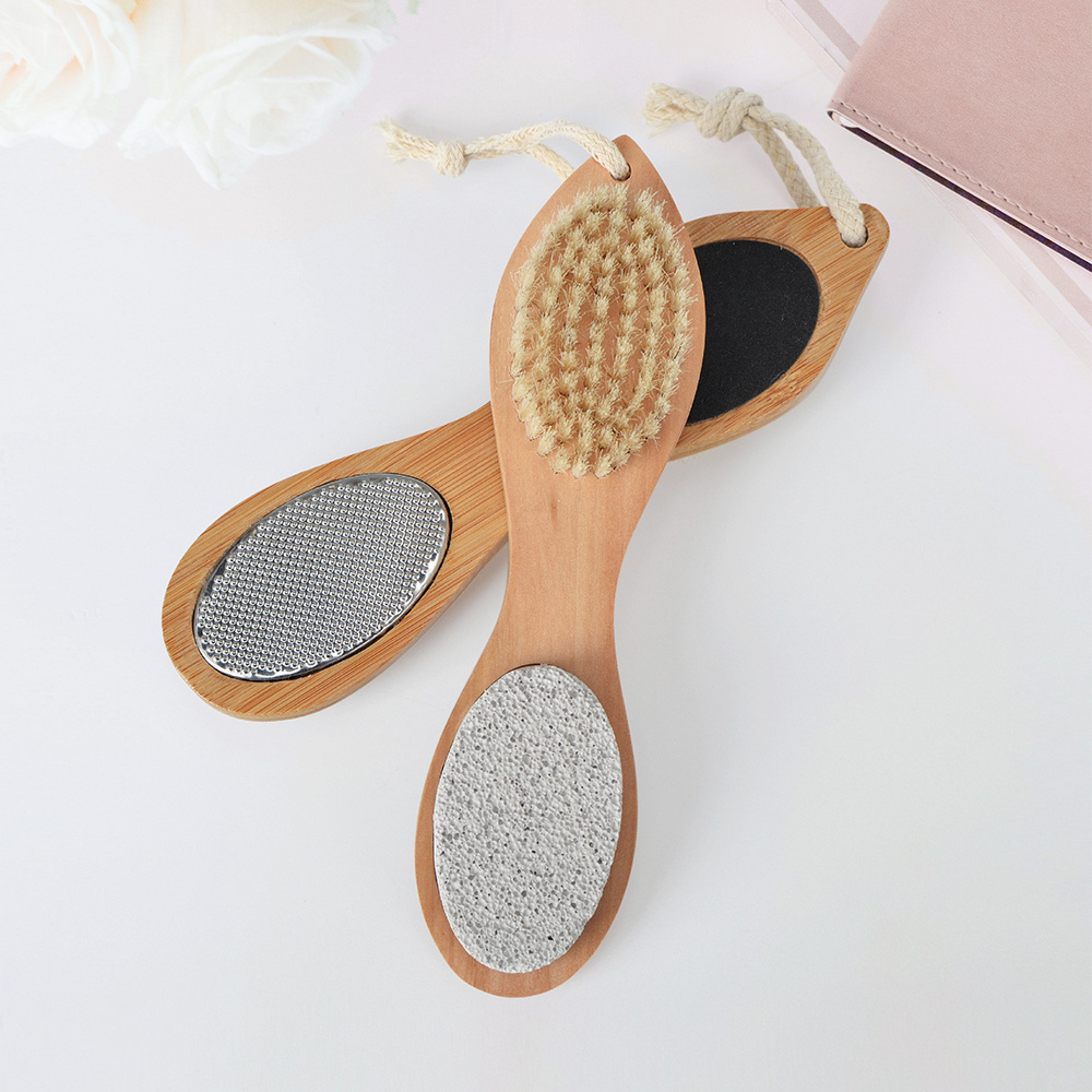 Natural Bamboo Handle Exfoliating Feet Dead Skin Stone 4 In 1 Foot Brush Multi Function Feet Scrubber