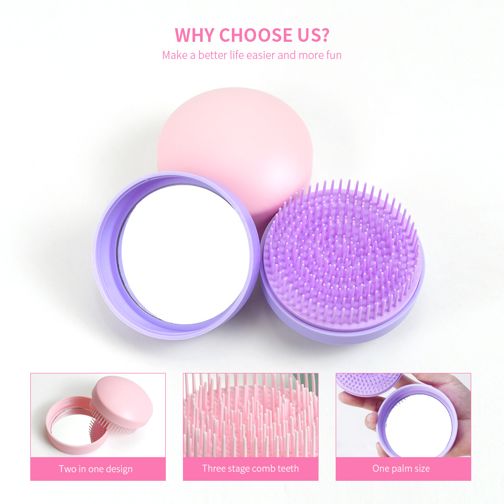 Multifunction Antifrog Scalp Massage Hair Brush with Mirror Waterproof Resin Detangling Massage Comb Pocket Round Hair Brush