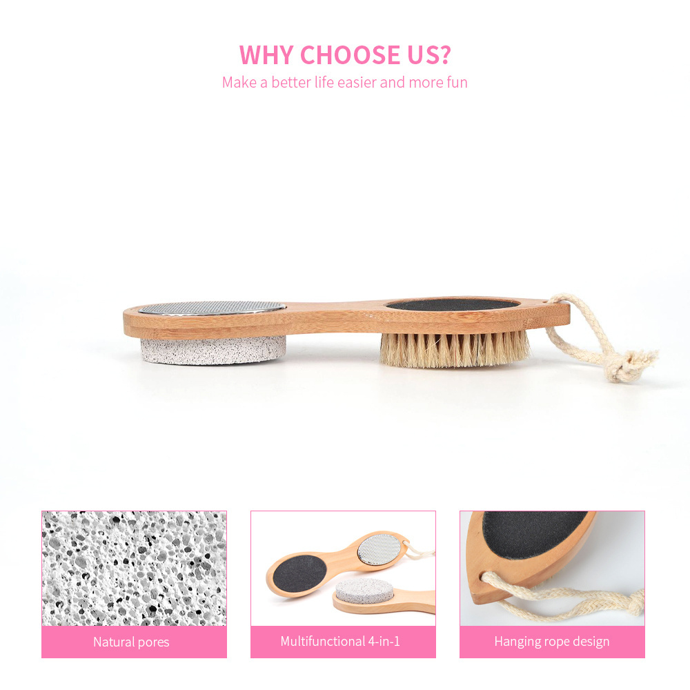 Natural Bamboo Handle Exfoliating Feet Dead Skin Stone 4 In 1 Foot Brush Multi Function Feet Scrubber