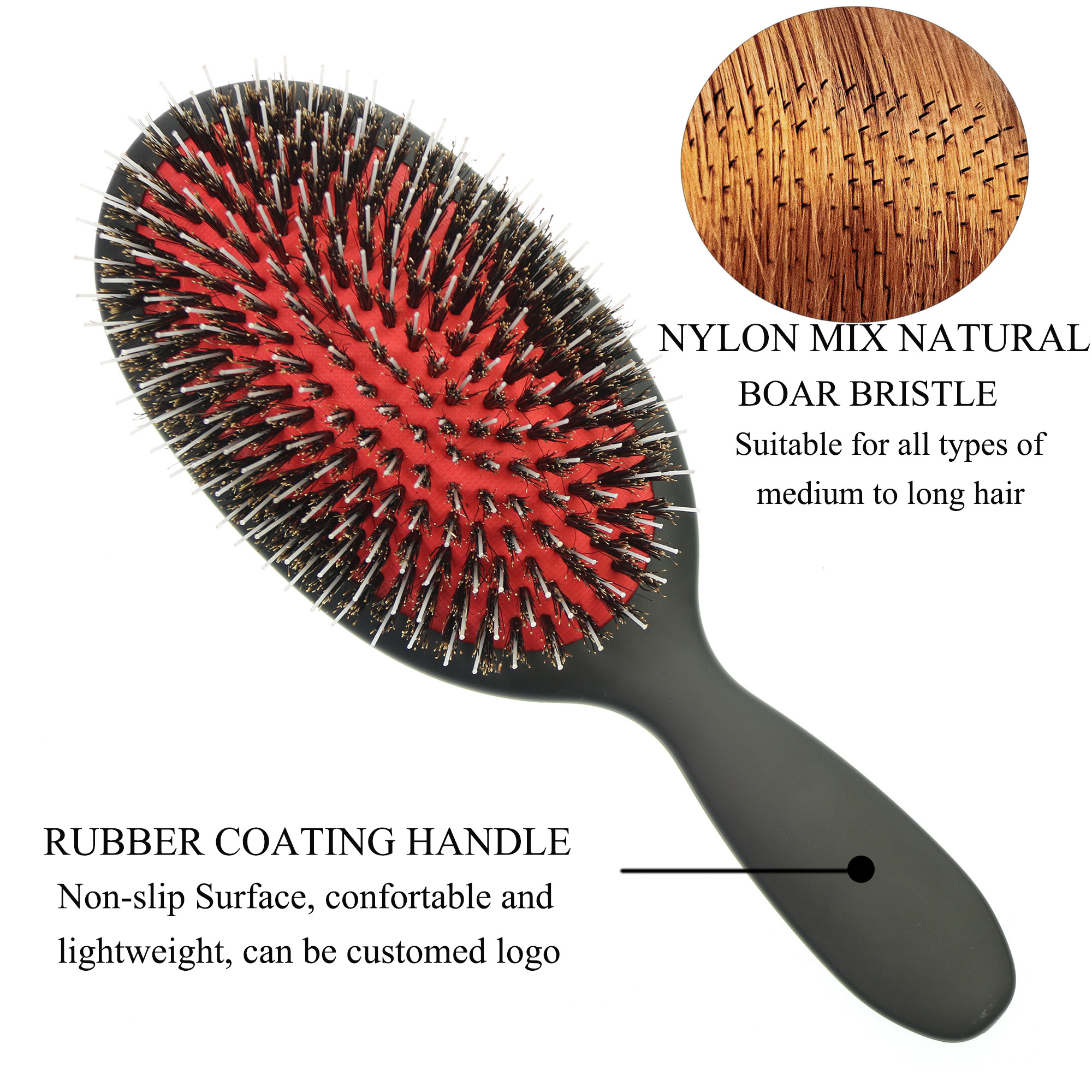 Black Oval Paddle Hair Brush Natural Boar Bristle Mix Nylon Extension Hair Brush for Wig Hair