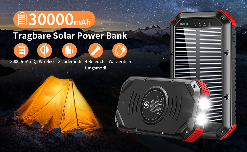 OEM USB Powrr Bank Powerbank Waterproof Outdoor Light Battery External Portable Charging LED Light 30000mAh Solar Power Bank