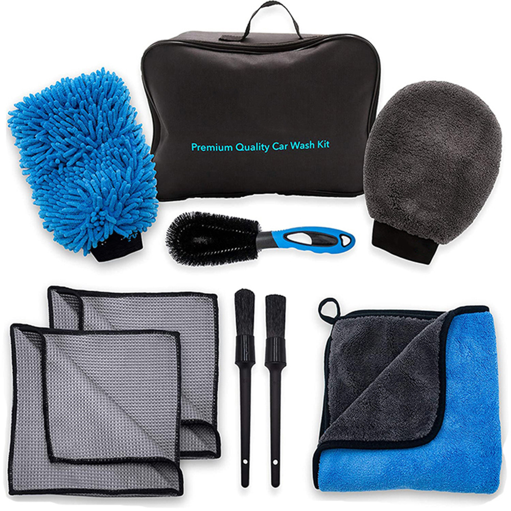 Premium Microfiber Car Wash Kit 8pcs Car Detailing Brush Chenille Mitt Microfiber Towels