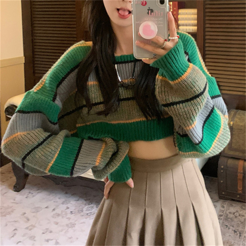 2023 Autumn New Green Knitted Crop Long Sleeve Pullover Sweaters For Women