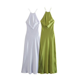 Elegant Ladies Satin Silk Sleeveless Backless Midi Dress For Women