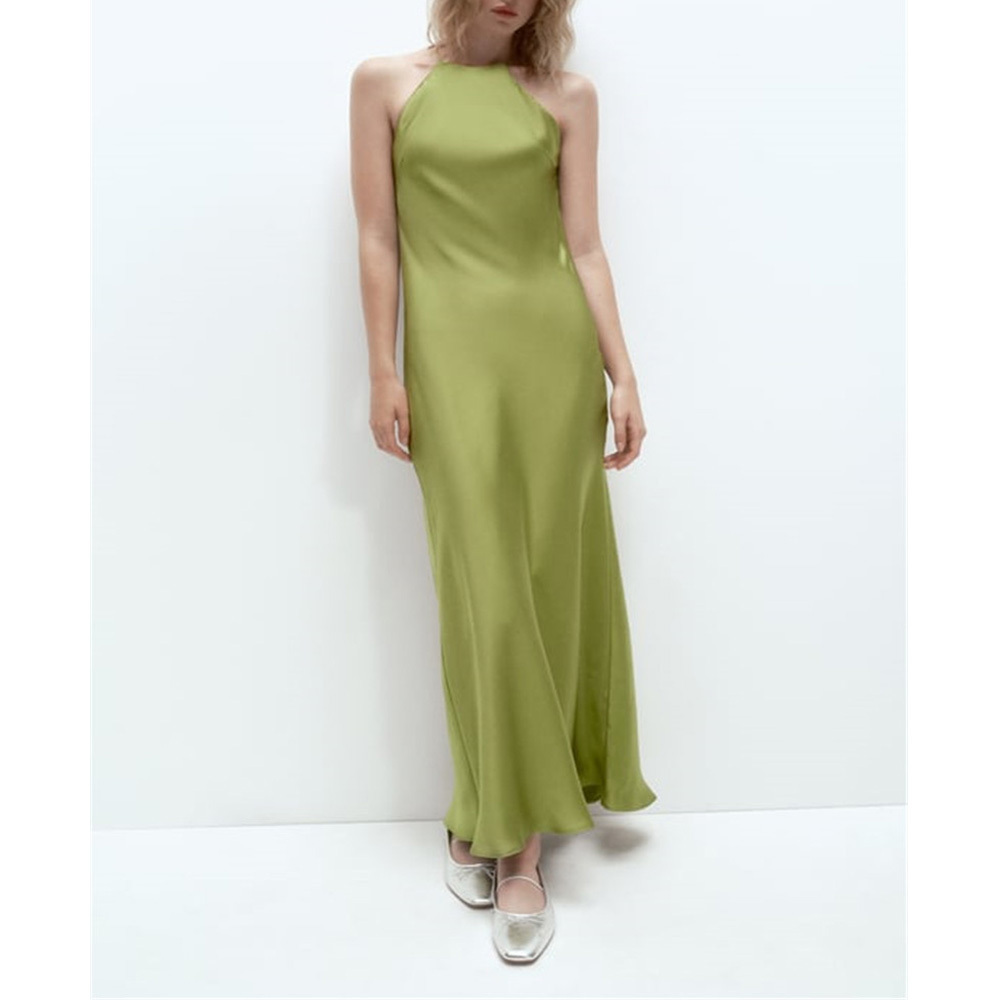 Elegant Ladies Satin Silk Sleeveless Backless Midi Dress For Women