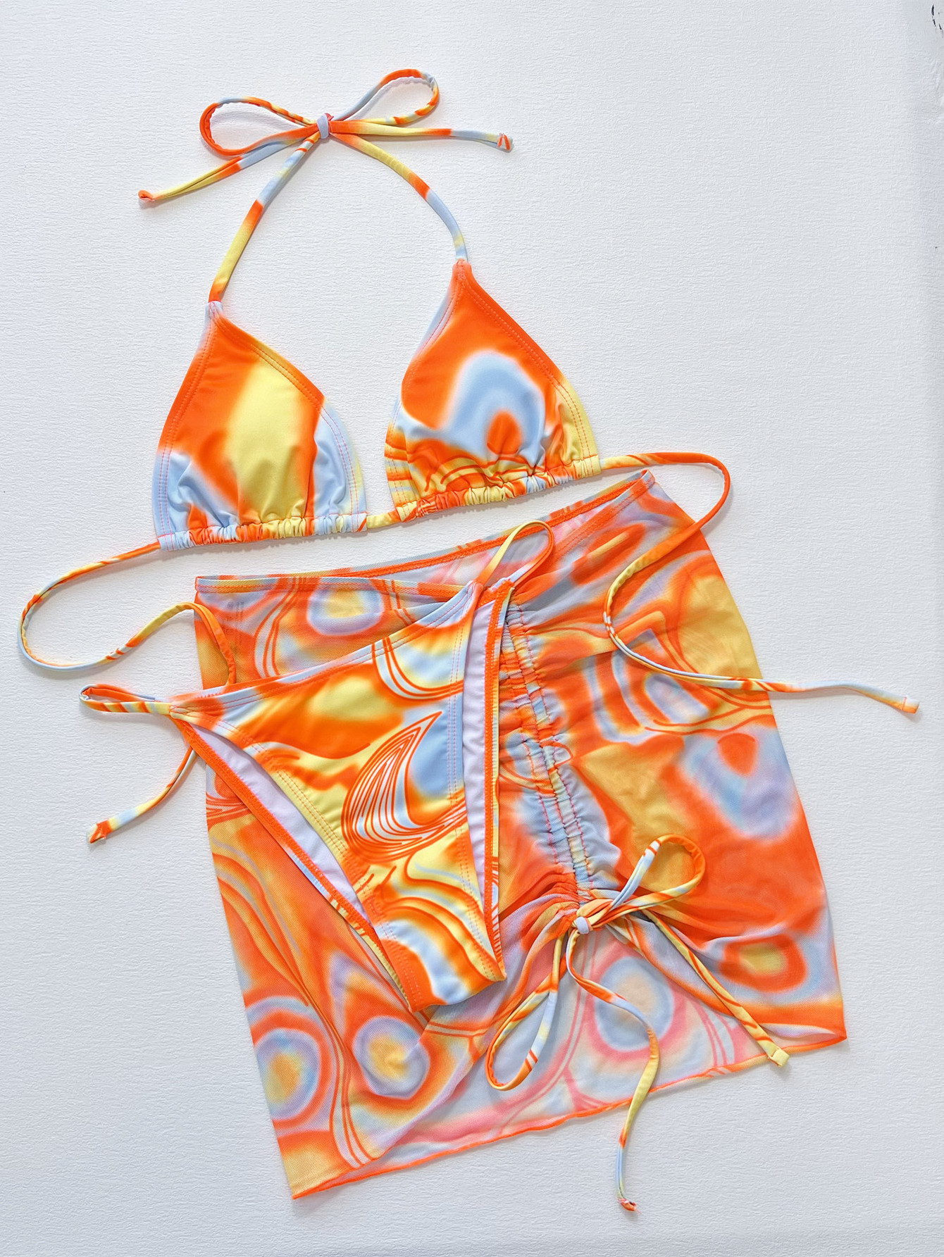 2024 New Arrival Sexy Printed Mesh Bikini 3 Piece Women Swimwear Set