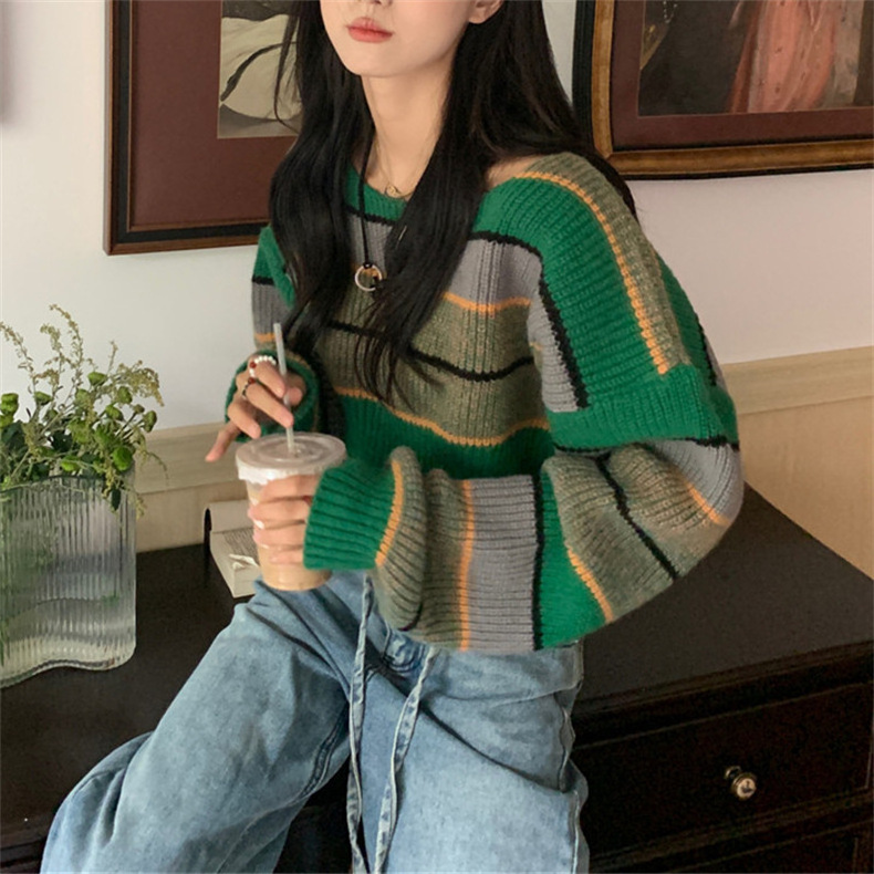 2023 Autumn New Green Knitted Crop Long Sleeve Pullover Sweaters For Women