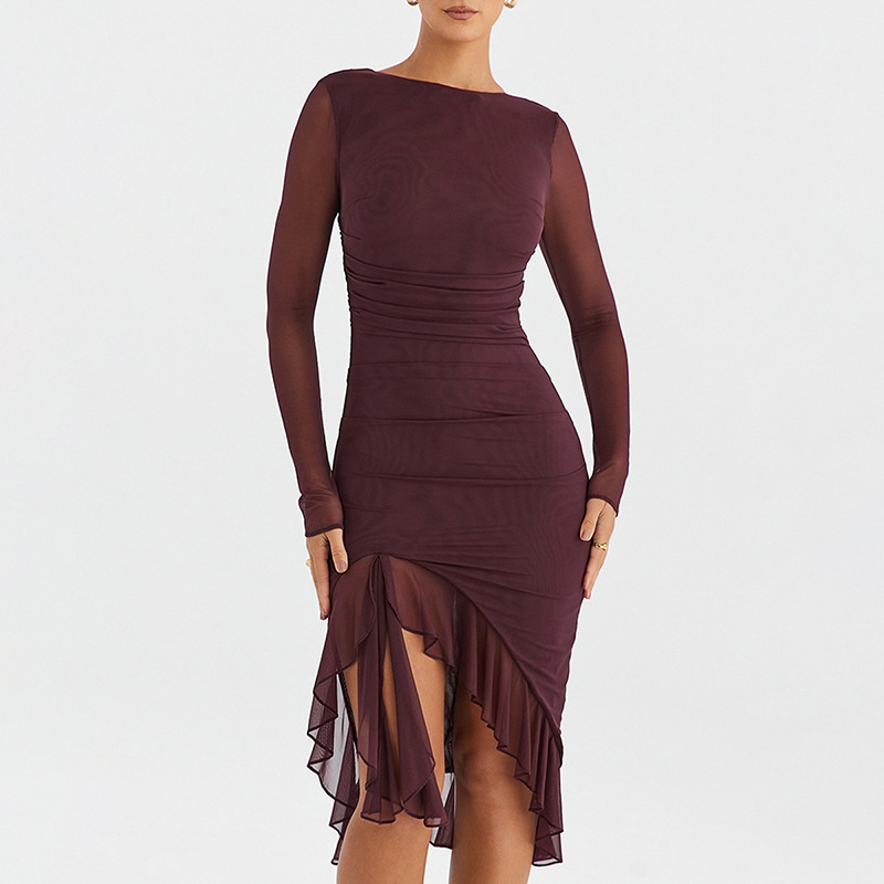 Wholesale Sexy Long Sleeve Mesh Bodycon Midi Women Party Dress