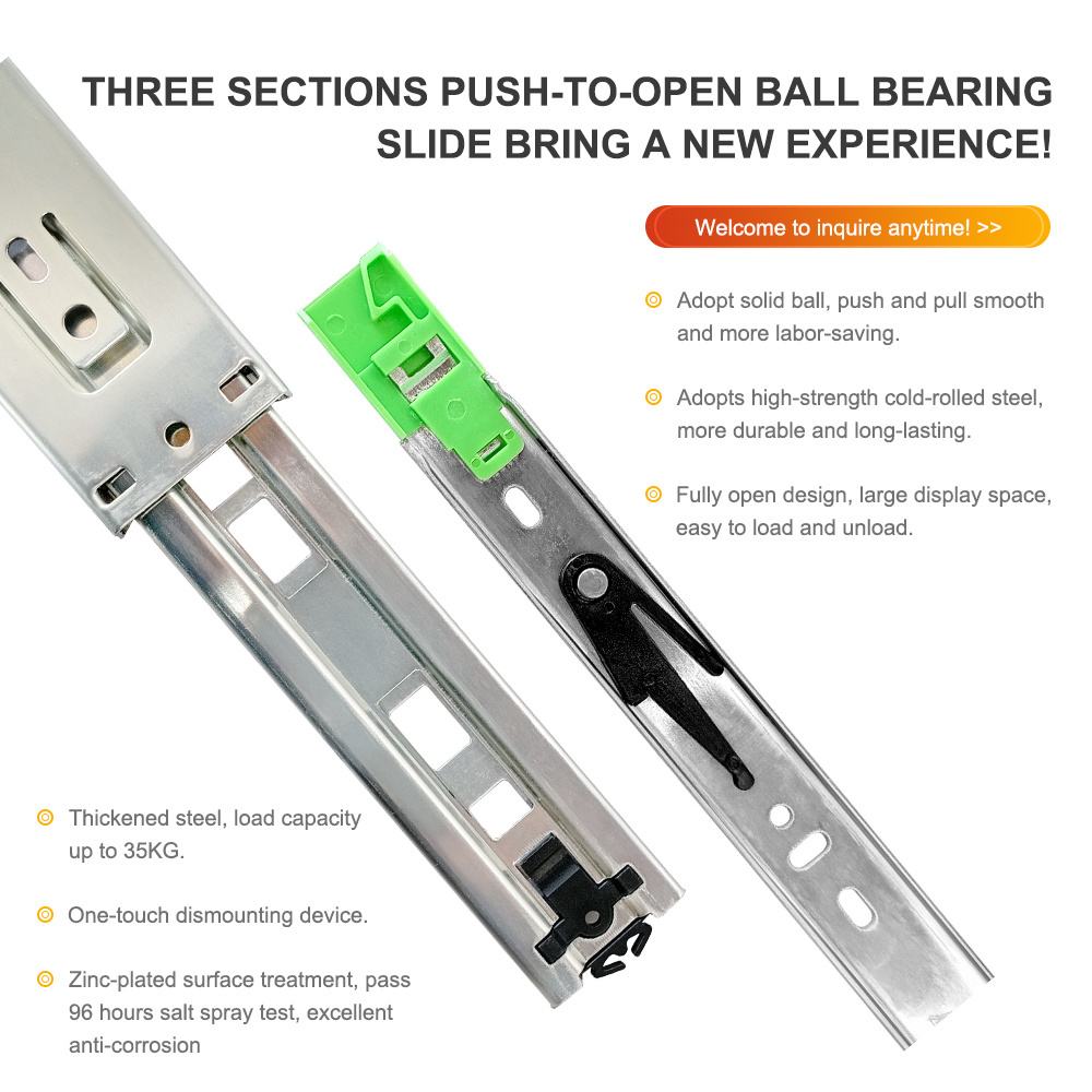 Furniture hardware push to open Telescopicas 45mm ball bearing Drawer Slides center under mount drawer slide