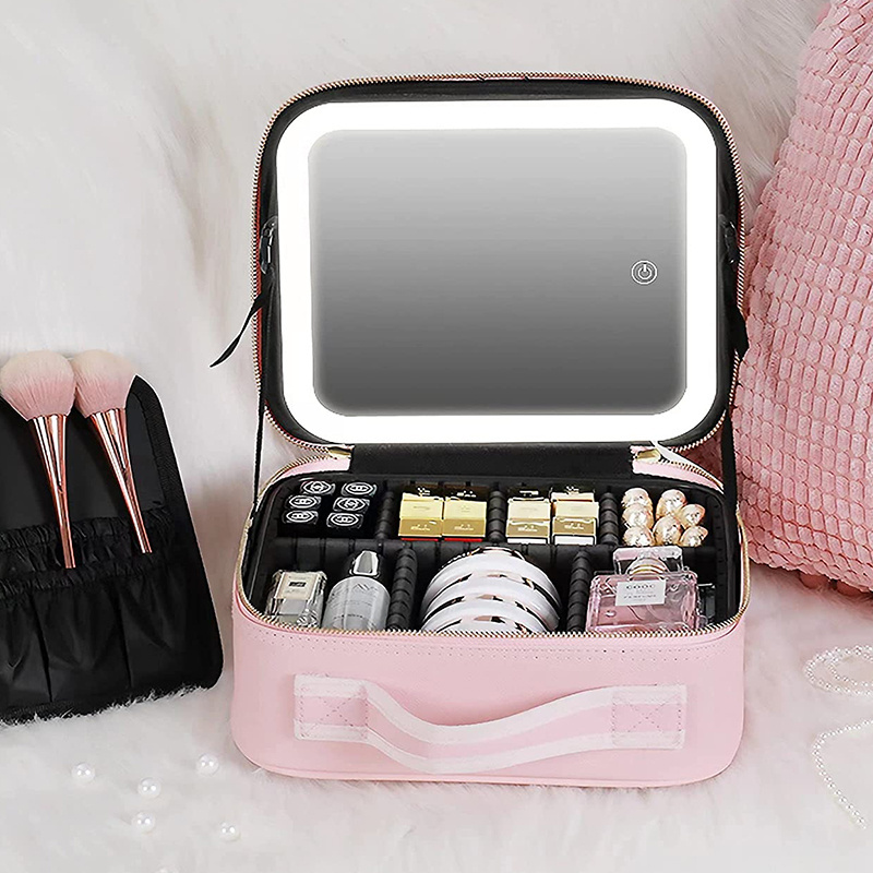 In Stock Holiday Gift PU Leather Makeup Bag With Led Lighted Mirror Square Cosmetic Case With Adjustable Large Led Lights Mirror