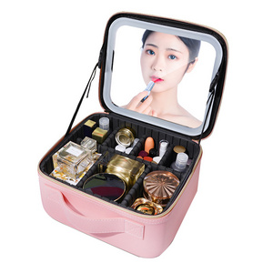 In Stock Holiday Gift PU Leather Makeup Bag With Led Lighted Mirror Square Cosmetic Case With Adjustable Large Led Lights Mirror