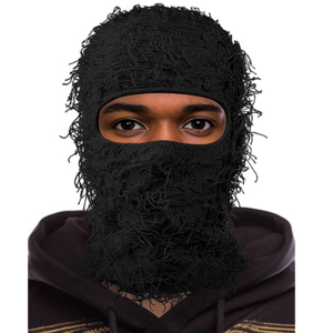 Ready to Ship Black Distressed Balaclava Ski Mask Full Face Knitted Balaclava Shiesty Mask Windproof Fuzzy Ski Mask for Winter