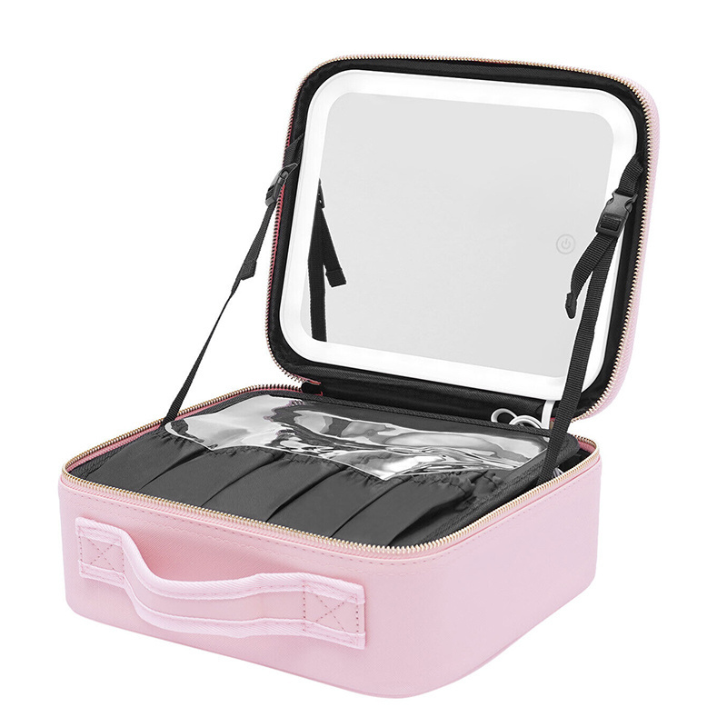 In Stock Holiday Gift PU Leather Makeup Bag With Led Lighted Mirror Square Cosmetic Case With Adjustable Large Led Lights Mirror