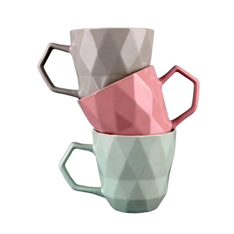 wholesale creativity pink embossed diamond pattern ceramic coffee mugs latte mug ceramic mug coffee cup