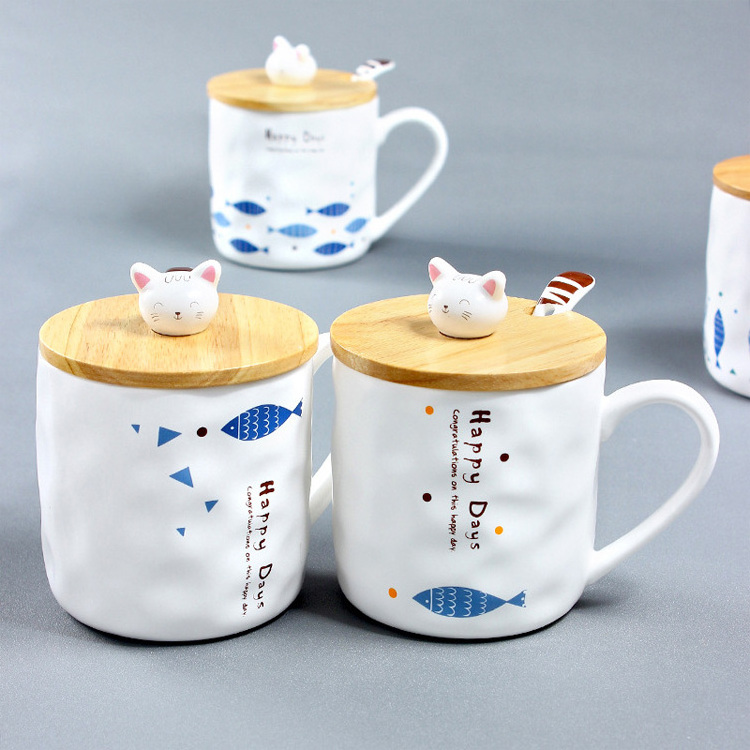 Japanese 3D home creative cat and fish ceramic coffee mug children cartoon breakfast milk mug with lid spoon