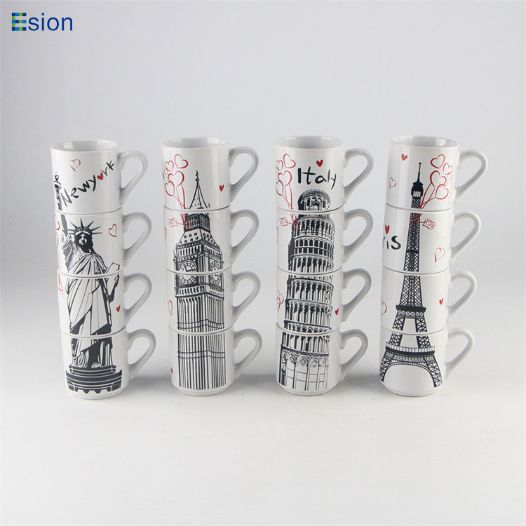 Hot Selling 4 Ounce Famous Landmarks Stacking Cappuccino ceramic Cups Espresso Cups With Saucers set