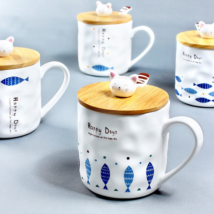 Japanese 3D home creative cat and fish ceramic coffee mug children cartoon breakfast milk mug with lid spoon