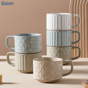 Hot selling retro nordic embossed diamond color glaze with speckled stoneware mug ceramic coffee mugs tea cup