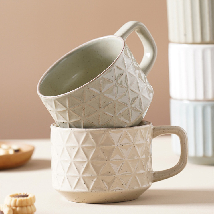 Hot selling retro nordic embossed diamond color glaze with speckled stoneware mug ceramic coffee mugs tea cup