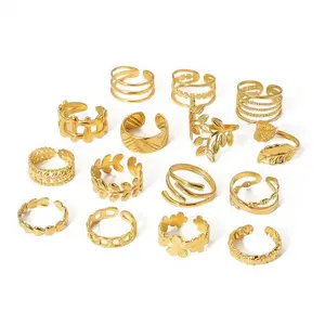 Wholesale 18K Gold Plated Stainless Steel Irregular Open Rings Hollow Flower Snake Finger Fashion Jewelry Ring Set