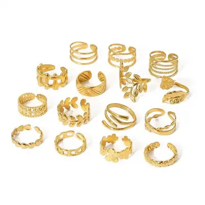 Wholesale 18K Gold Plated Stainless Steel Irregular Open Rings Hollow Flower Snake Finger Fashion Jewelry Ring Set