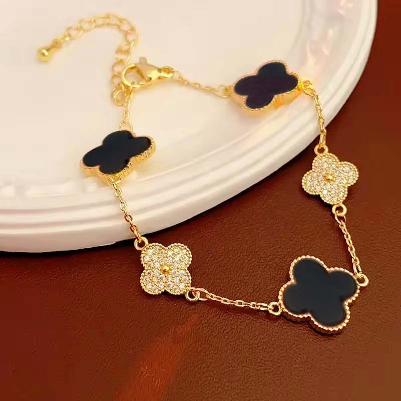 Waterproof Exquisite 18k Gold Plated Zircon Four Leaf Clover Fashion Jewelry Set Girls Women Valentine Bracelet Ring Earrings