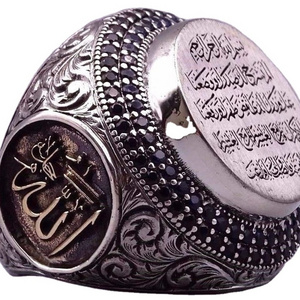 Vintage Design Wholesale Arabic Font Rings Hand Jewelry Vintage 925 Thai Silver Plated Saudi Black Ring Islamic for Men