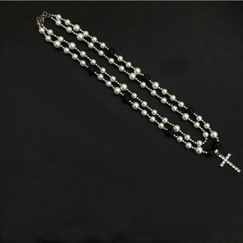 Unique hip hop stylish zirconia cross couples black and white beaded pearl necklace for men