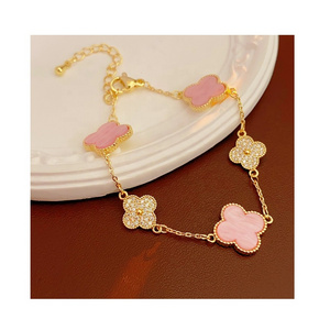 Waterproof Exquisite 18k Gold Plated Zircon Four Leaf Clover Fashion Jewelry Set Girls Women Valentine Bracelet Ring Earrings