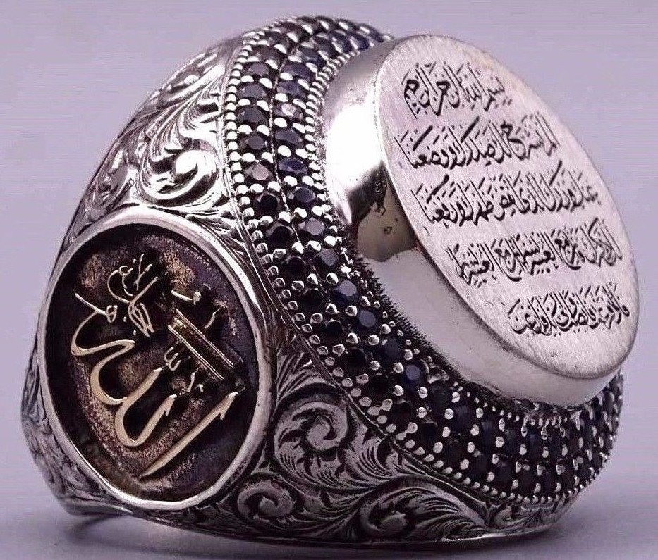 Vintage Design Wholesale Arabic Font Rings Hand Jewelry Vintage 925 Thai Silver Plated Saudi Black Ring Islamic for Men