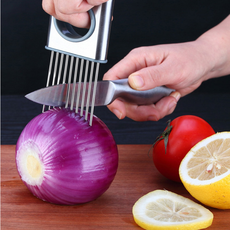 Multifunctional kitchen gadget onion holder slicer stainless steel onion chopper peeler handheld vegetable cut slicer meat tool