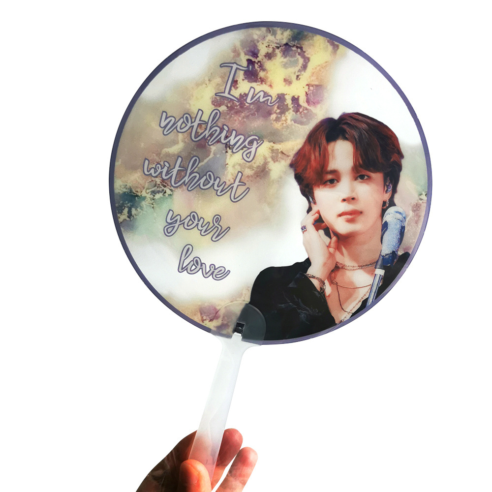 Custom Logo Printed Plastic Transparent Kpop Cute Round Hand Fans with handle