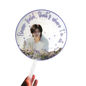 Custom Logo Printed Plastic Transparent Kpop Cute Round Hand Fans with handle