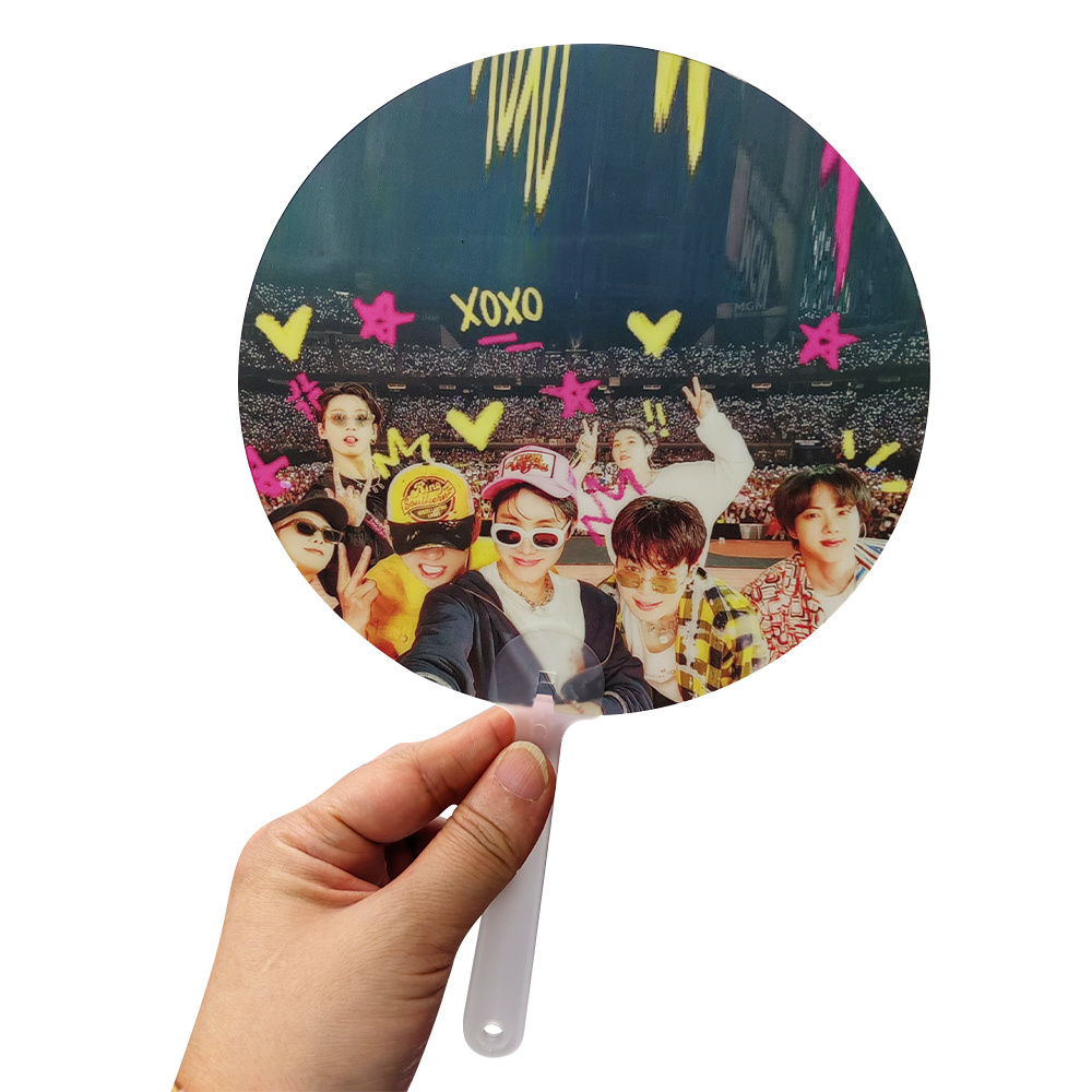 Custom Logo Printed Plastic Transparent Kpop Cute Round Hand Fans with handle