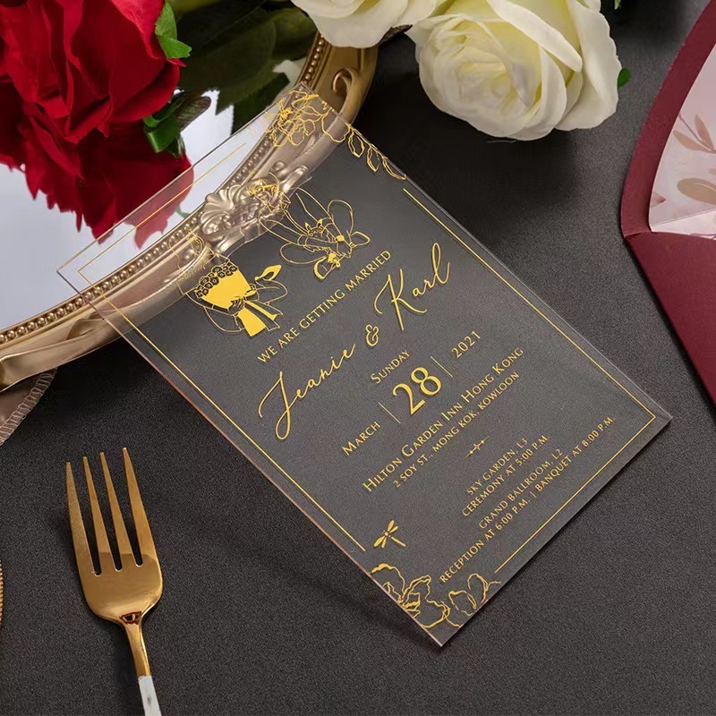 Best Sale Custom Clear Acrylic Wedding Invitations Personalize UV Printing Craft gold Invitation Greeting Cards for wedding