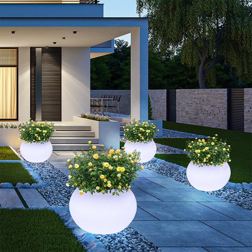 Illuminated LED Tall Flower Pot Big LED Glow Solar Garden Lights Outdoor PE Plastic Floor Lamp LED Flower Planter for Home Use