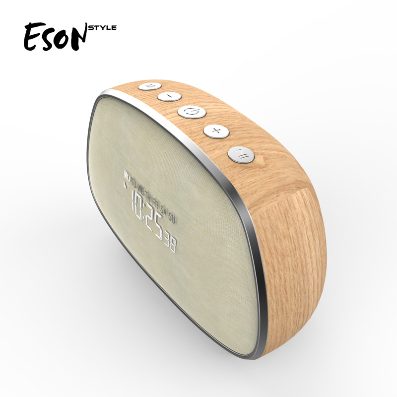 Eson Style classic wooden wireless Bluetooth V5.0 night light FM Radio surround sound trending Dual alarm clock tws speakers